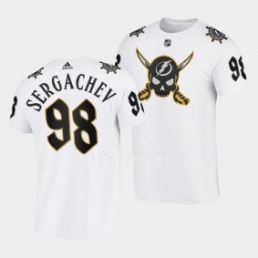 Tampa Bay Lightning Gasparilla inspired Mikhail Sergachev #98 White T-Shirt 2023 Skull Logo